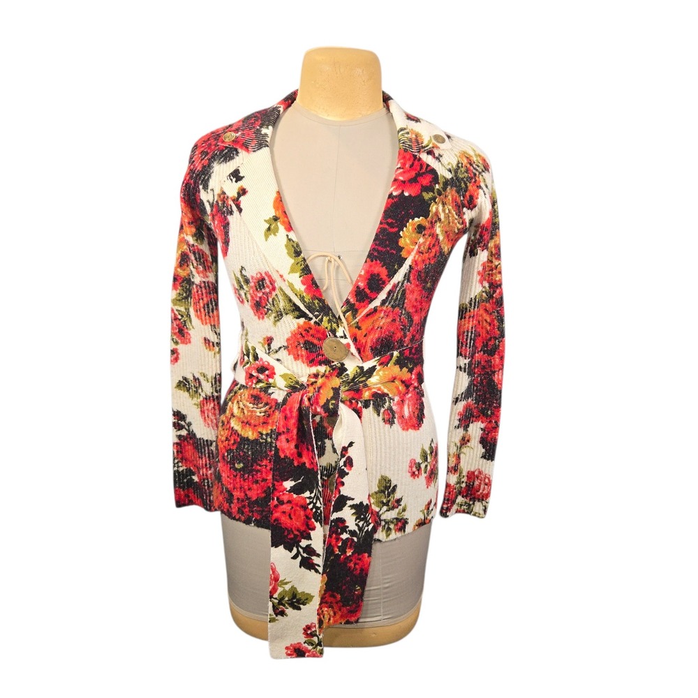 Sleeping on Snow Anthropologie Floral Wool Blend Wrap Cardigan Sweater Small Red